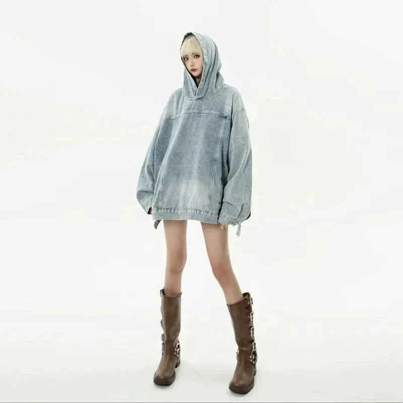 Casual Retro Washed Handsome Denim Hoodie