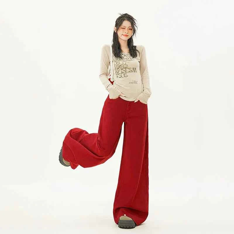 Trendy Cute Oversized Red Baggy Wide Leg Jeans