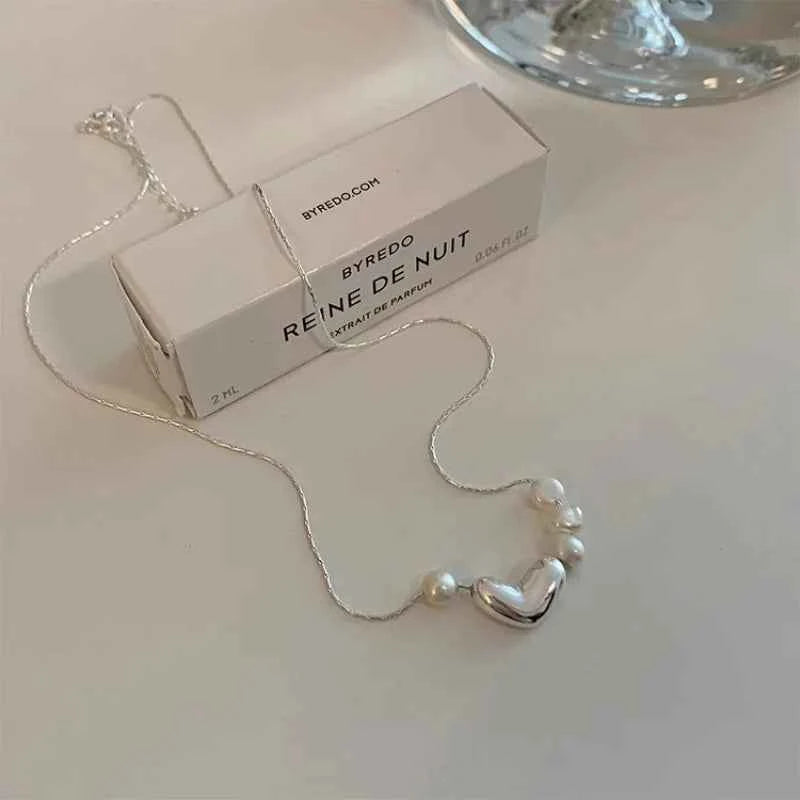 Women Cool Chic Silver Heart Pearl Necklace