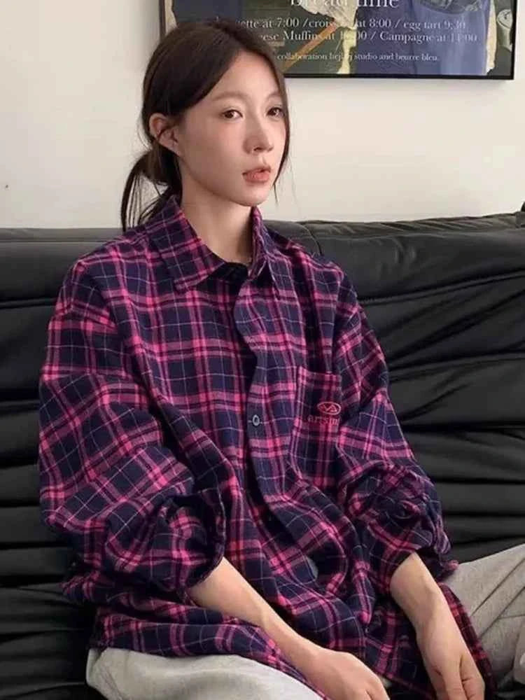 Women Hip hop Oversize Plaid Retro Long Sleeve Shirt