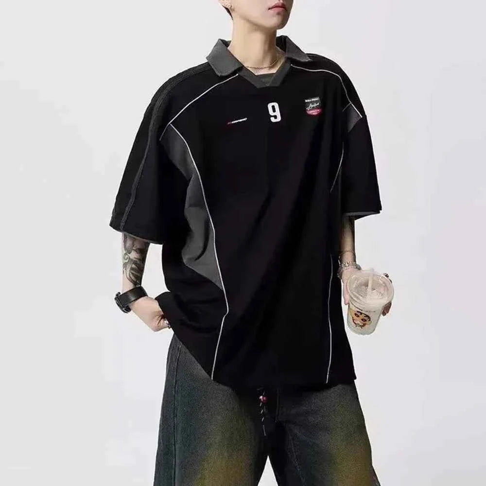 Letter Print Patchwork Retro Trend Polo T-Shirt