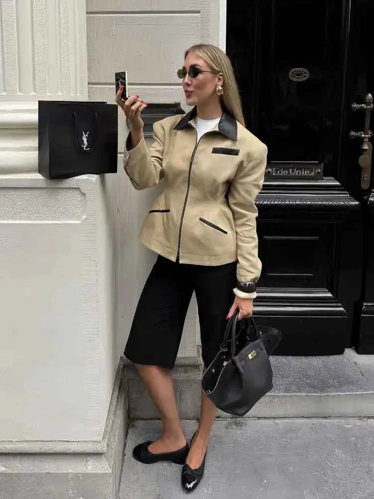 Minimalist Patchwork Short Sleeve Leather Jacket