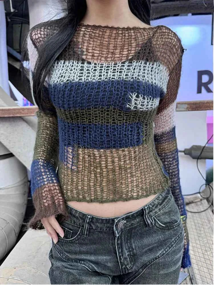 Women Streetwear Striped Hollow Out Sexy Knit Sweater
