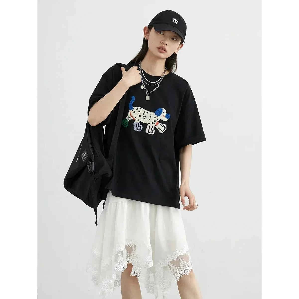 Dog Embroidered Loose Short T-Shirt