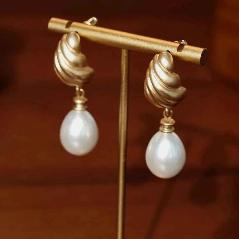 Stylish Gold Pearl Geometric Drop Earrings