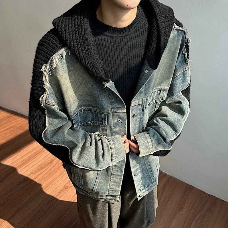 Trendy Knitt Hooded Raw Edge Denim Jacket