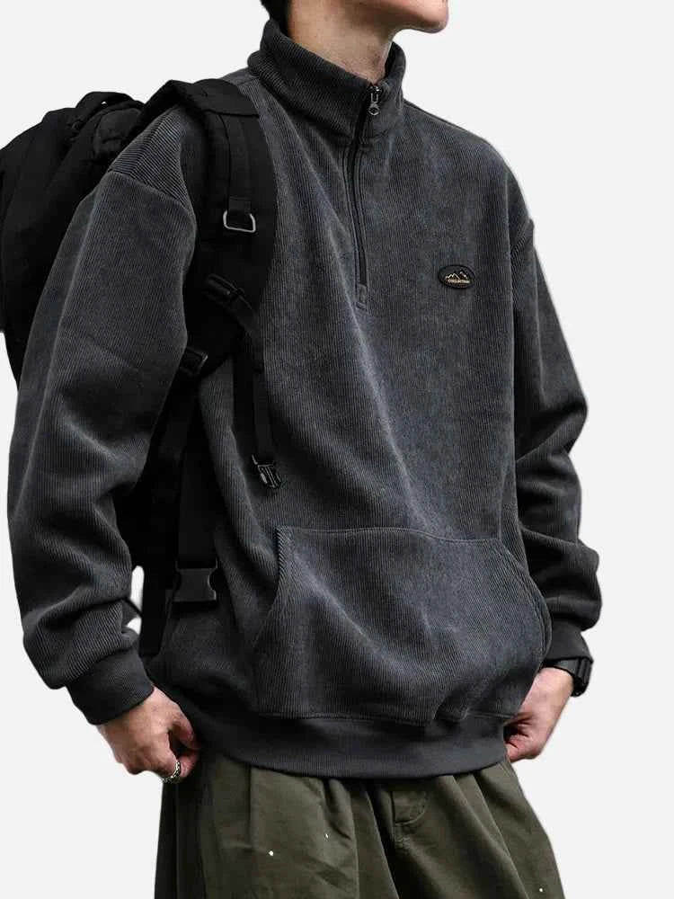 Japanese Streetwear Corduroy Half Zip Sweatshirt