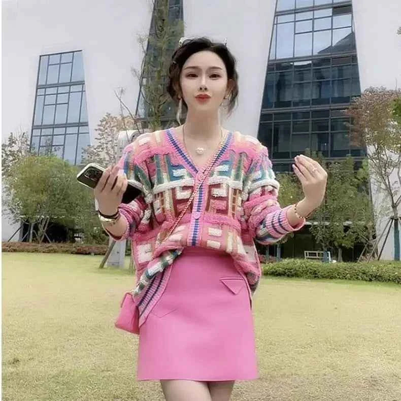 Pink French Retro Plaid V-Neck Cardigan