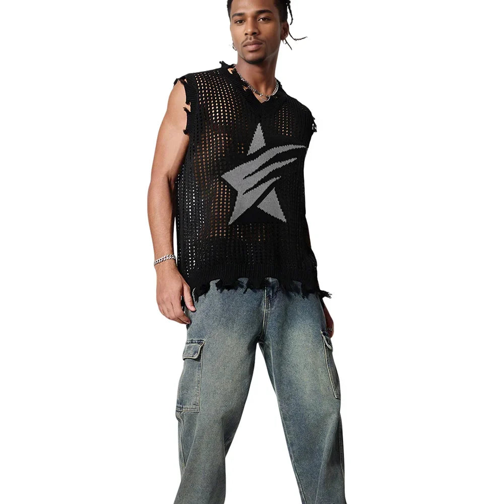 Solid Star Knitted Ripped Vest