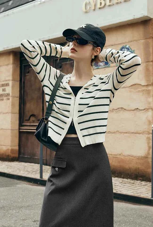 Y2K Striped Wool Blend Hooded Cardigan