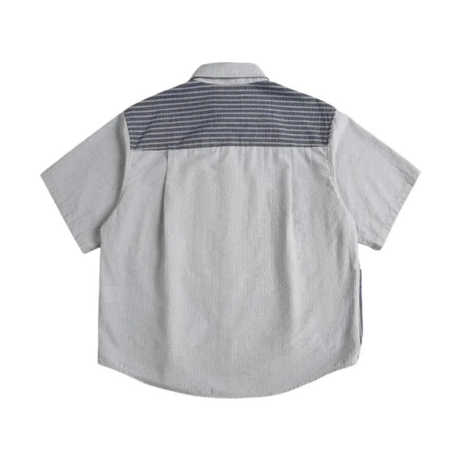 Oversized Striped Splicing Short Sleeve Casual Shirt