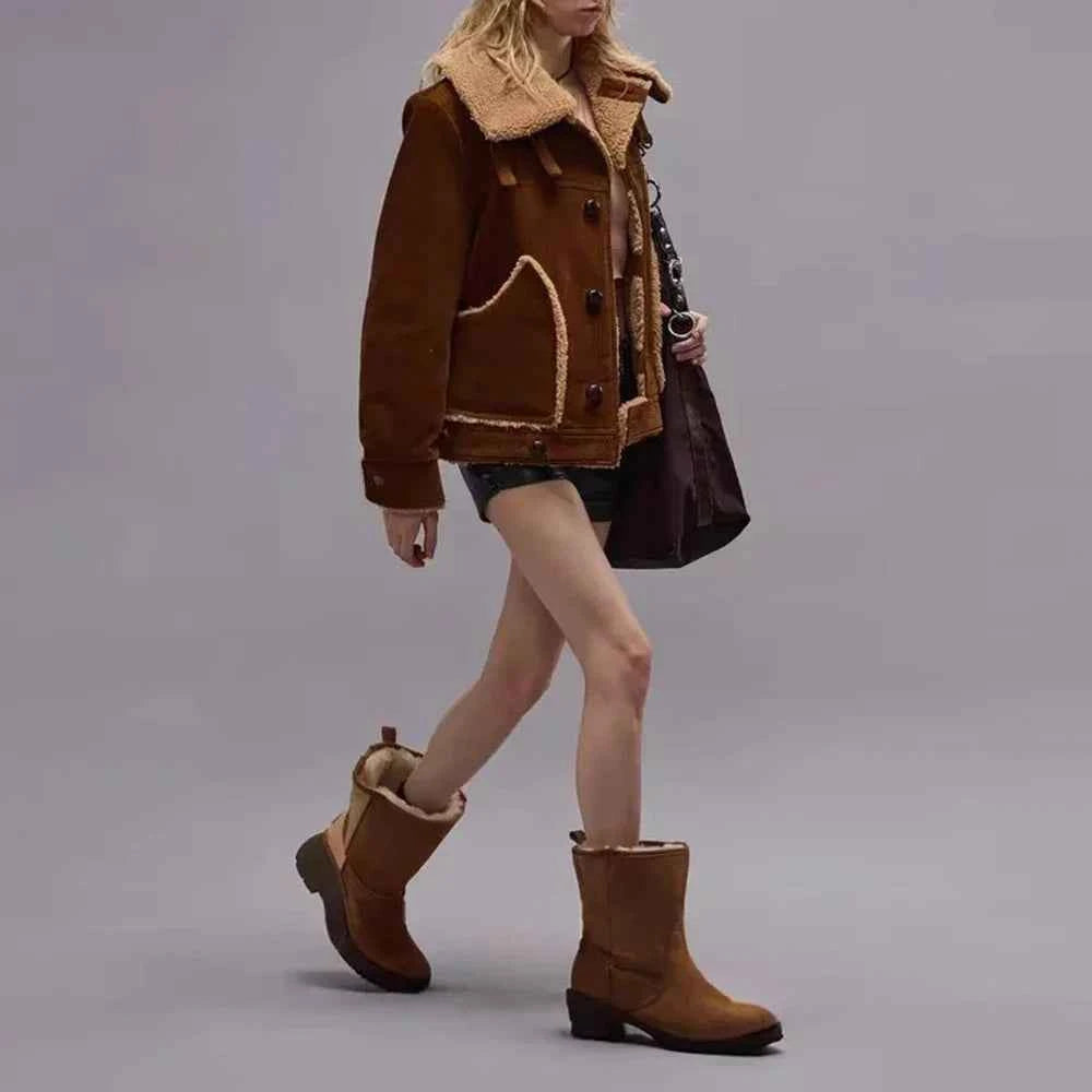Women Solid Spliced Button Fur Jacket