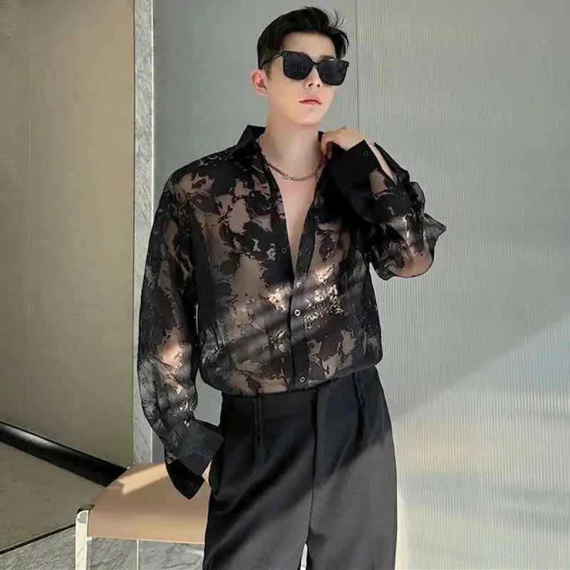 Men Translucent Printed Long Sleeve Shirt