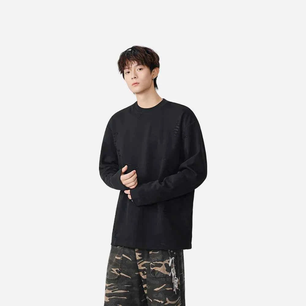 Distressed Solid Color Crew Neck Long Sleeve T-Shirt