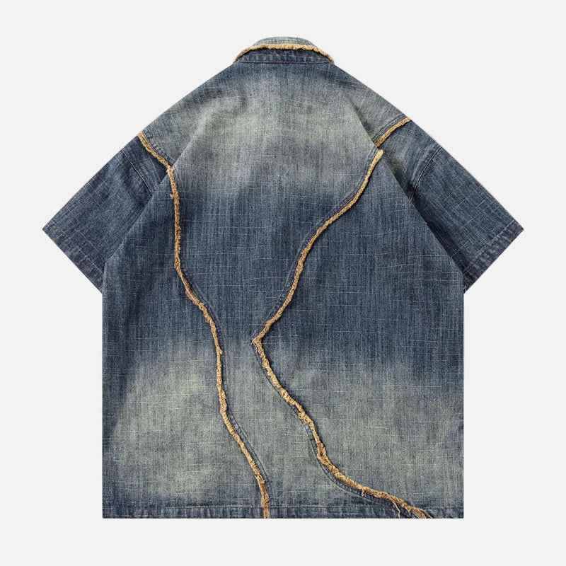 Y2K Washed Patchwork Denim Short Sleeve Shirt