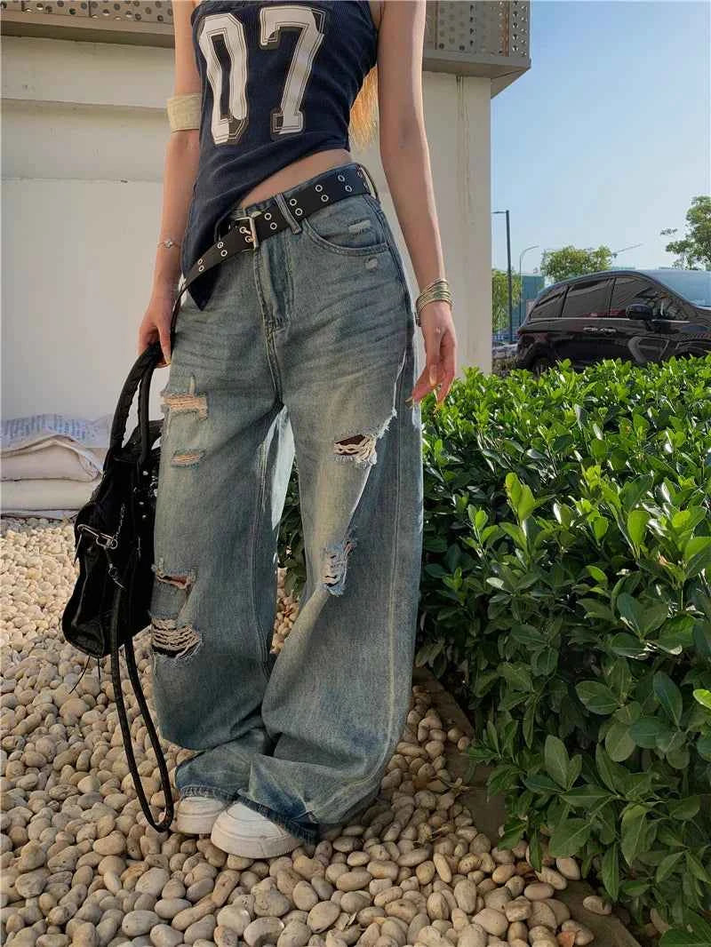 High-Quality Ripped Wide Leg Denim Jeans