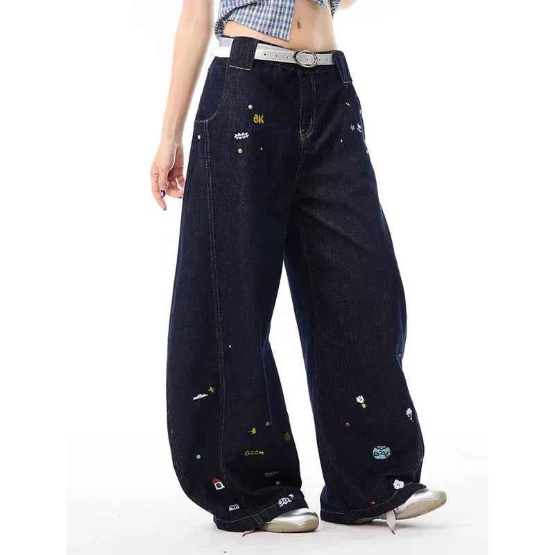 Comfortable Hip Hop Kpop Cartoon Print Wide Leg Jeans