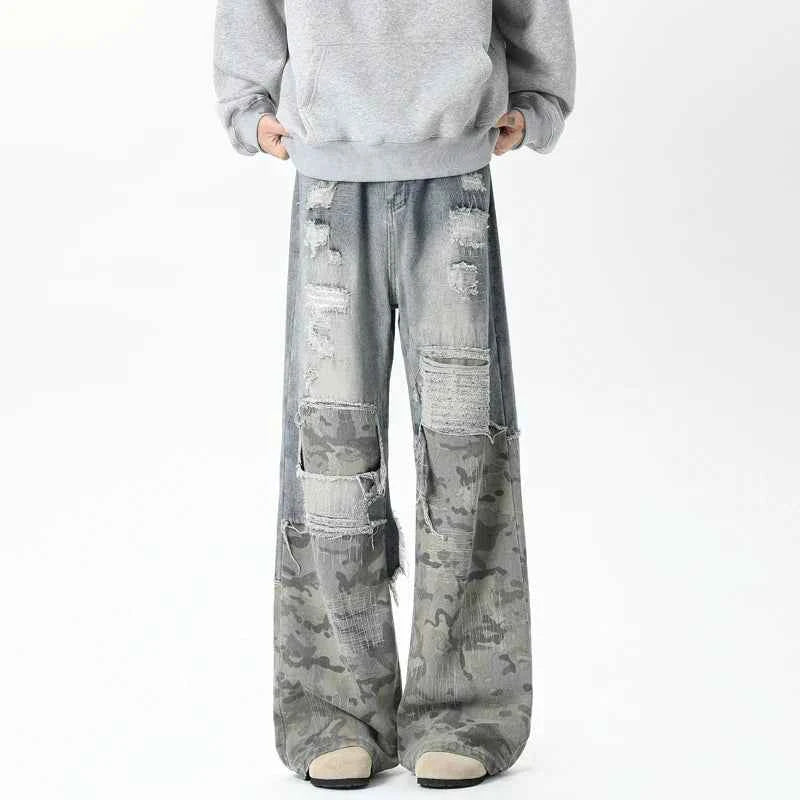 Stylish Camouflage Ripped Patchwork Wide Jeans