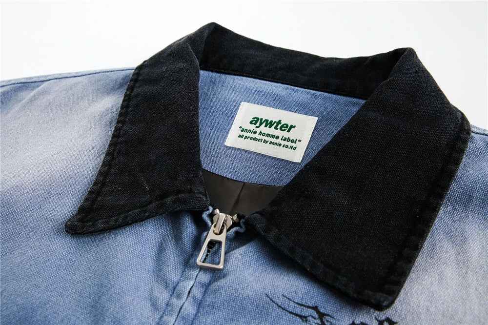 Trendy Streetwear Blue Distressed Denim Jacket