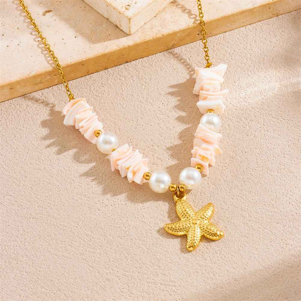 Golden Starfish Shell Pearl Pendant Necklace