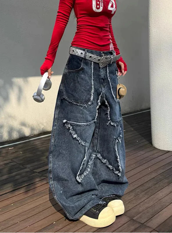 Aesthetic Cow Boy High Waist Blue Star Wide Leg Jeans - Luxuryurbanwear