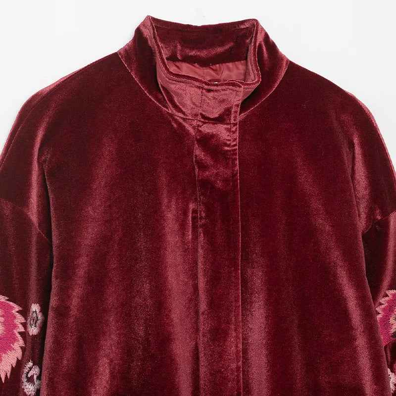 Vintage Red Embroidery Zipper Faux Fur Jacket