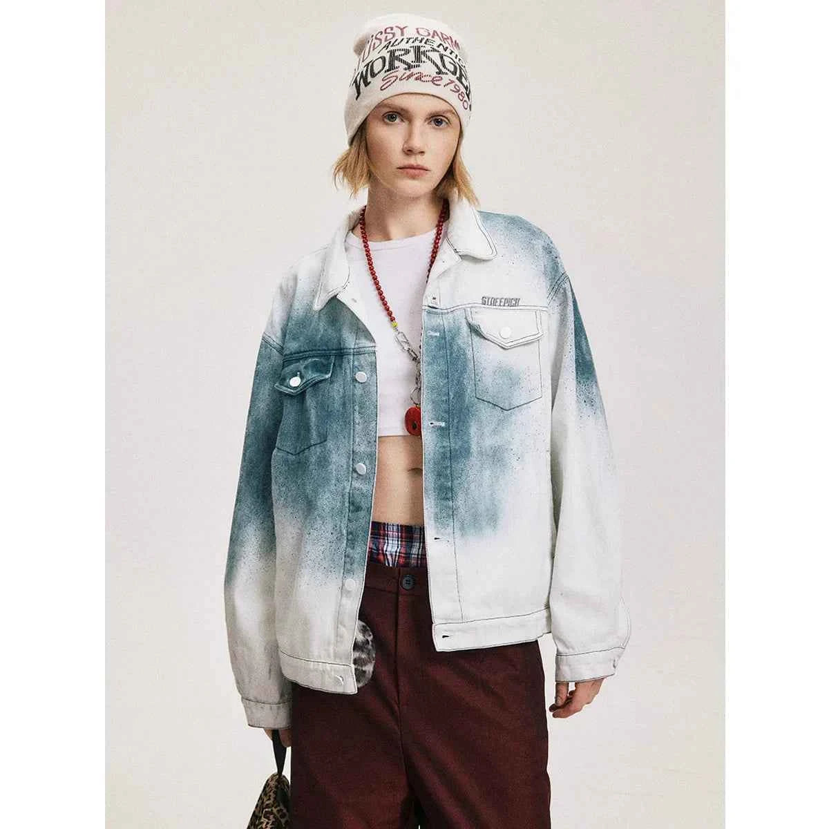 Flattering White Tie Dye Hip Hop Denim Jacket