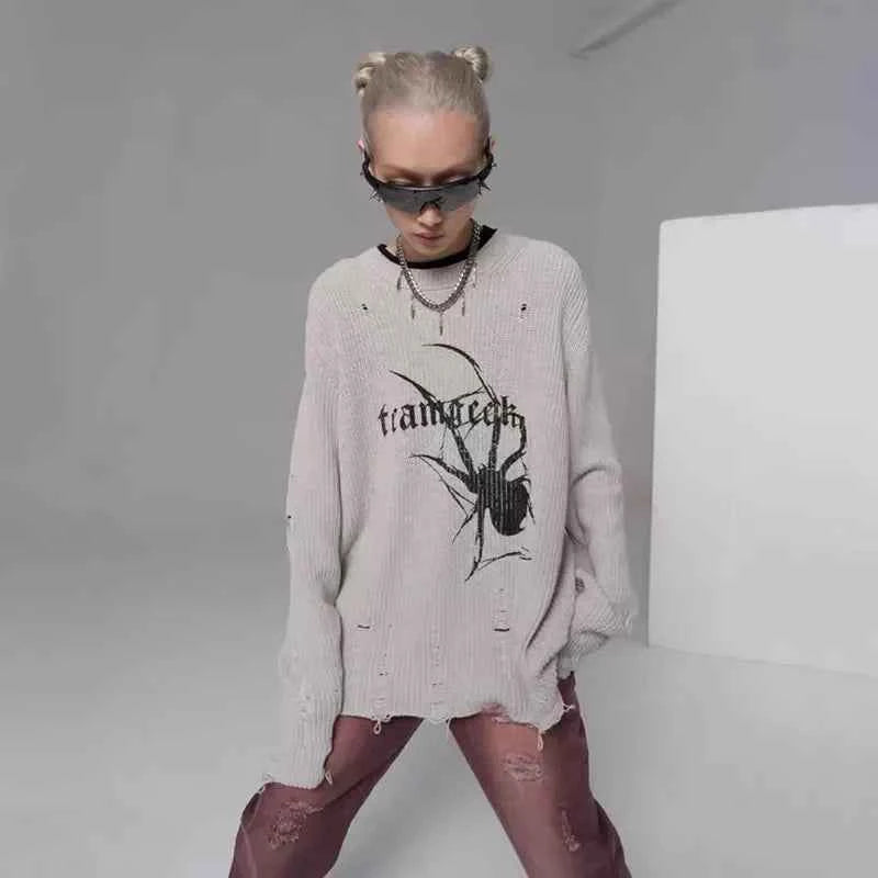 Gothic Vintage Oversize Spider Print Sweater