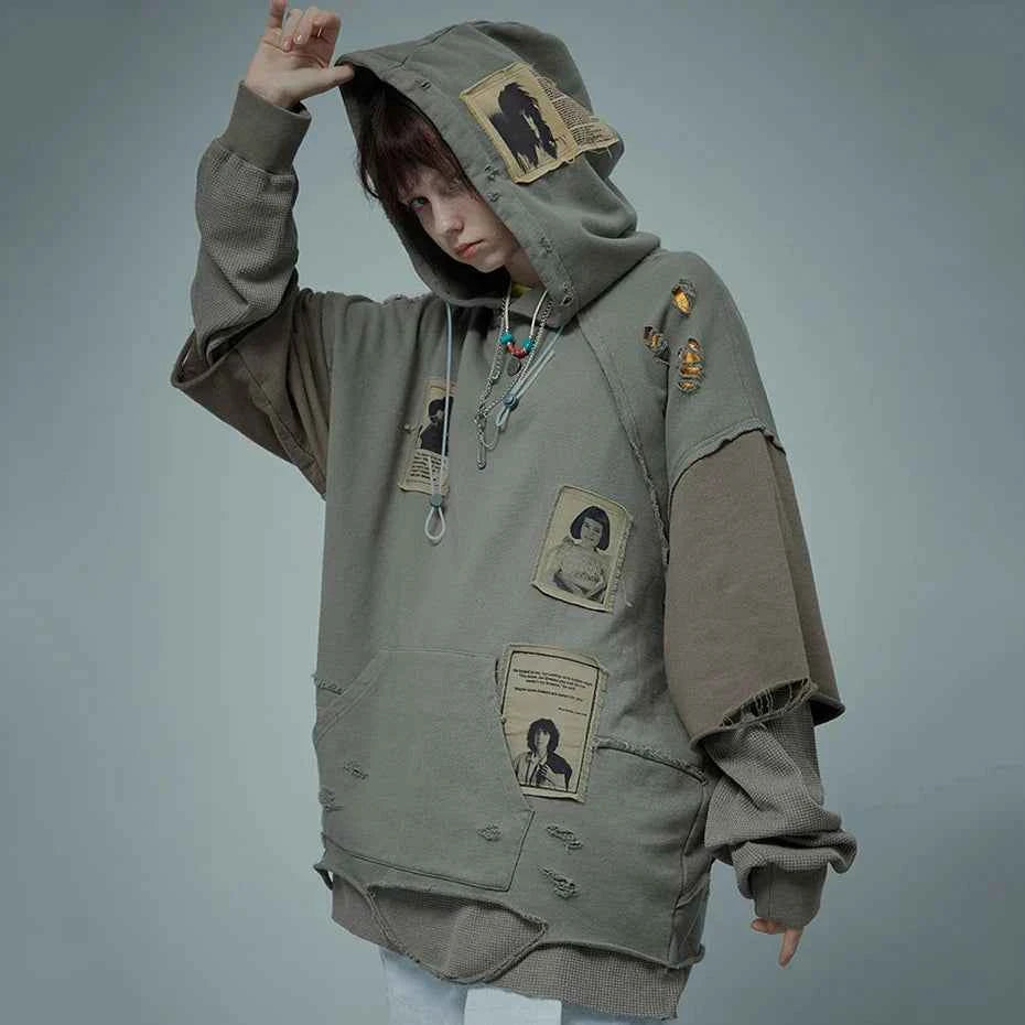 Broken Patchwork Oversized Hip Hop Hoodie