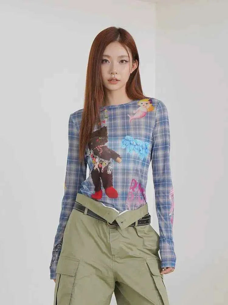 Blue Plaid Graphic Long Sleeve T-Shirt