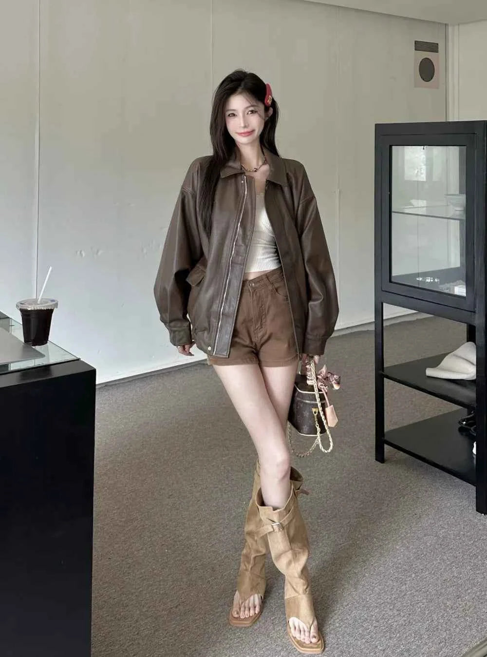 Women Retro Moto Bike Casual Style Leather Jacket