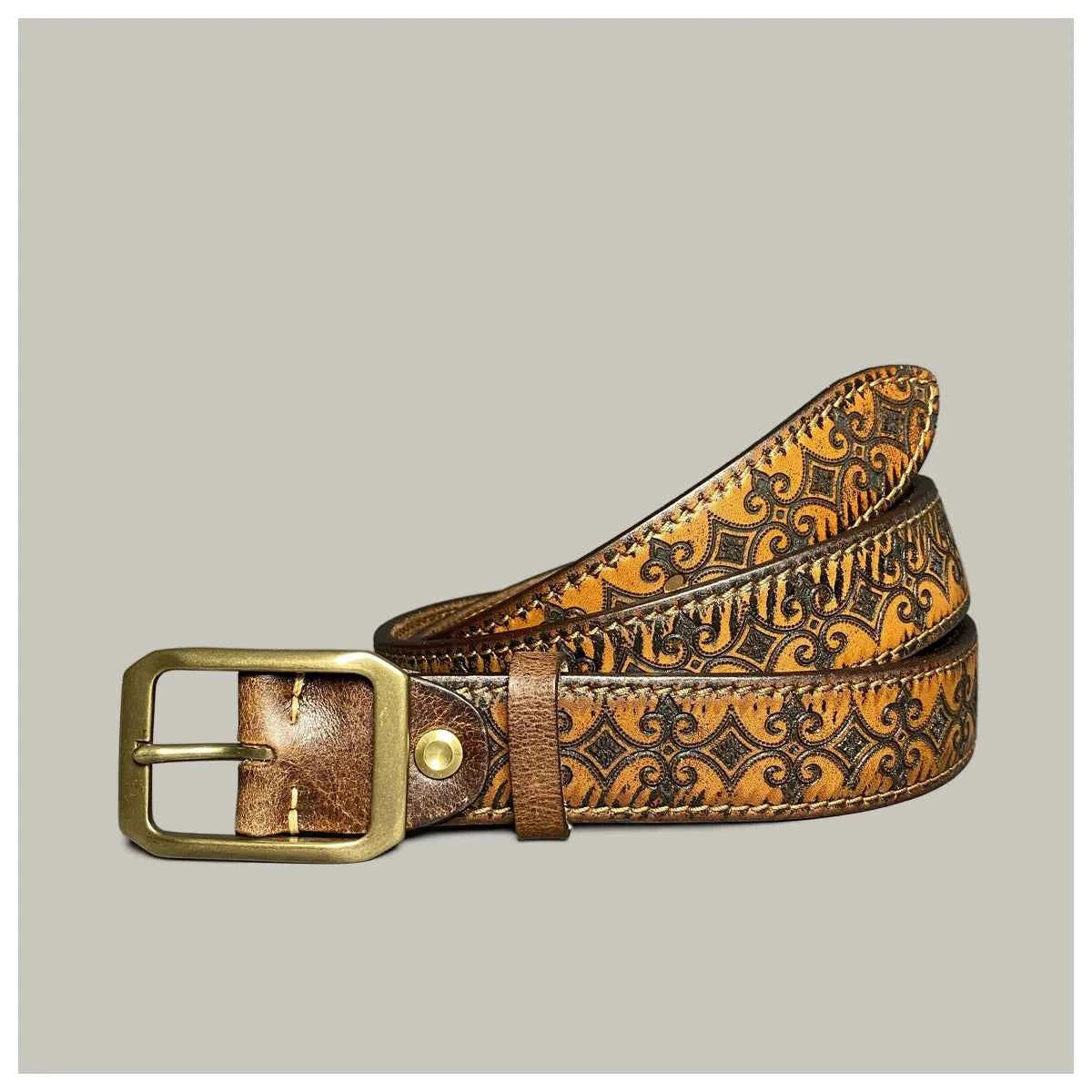 Retro Handmade Brown Leather Engraved Belt