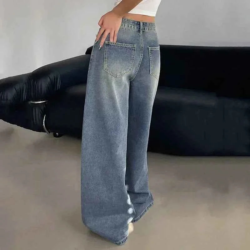 Trendy High Waist Wide Leg Ripped Jeans