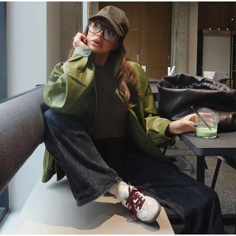 Women Casual Chic Green Lapel Collar PU Leather Jacket
