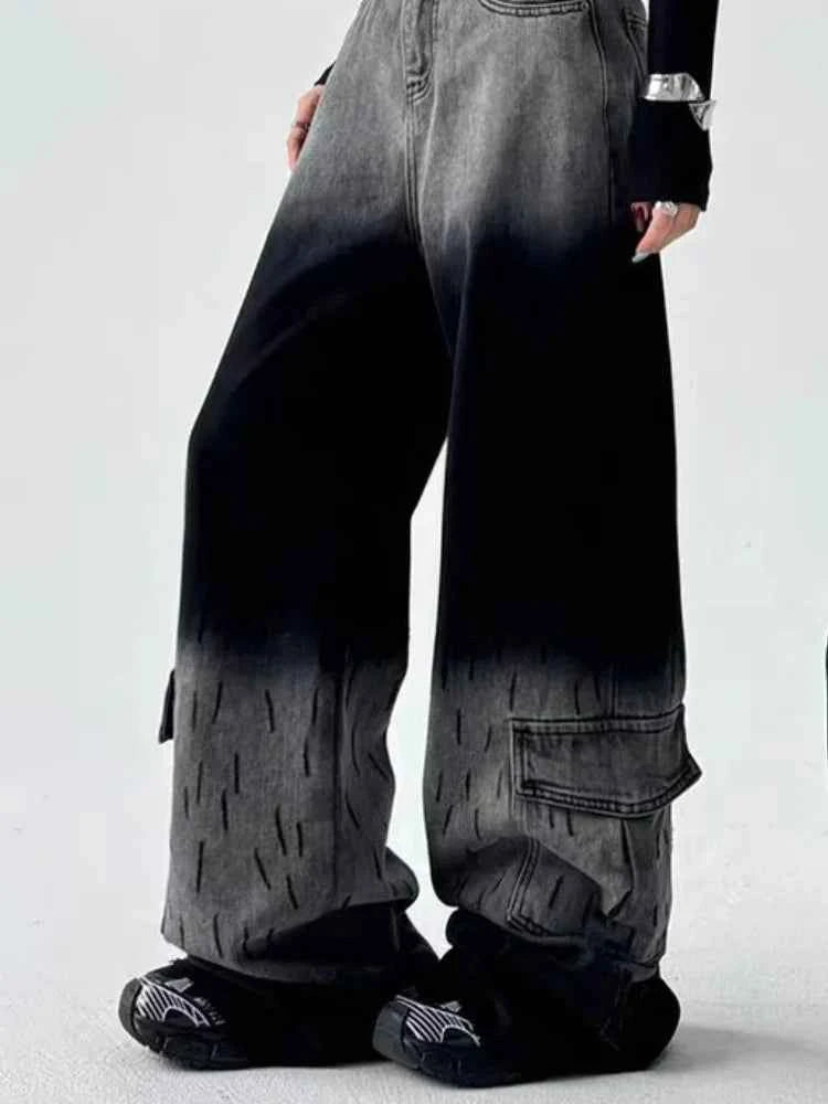 Vintage Black Grey Baggy Wide Jeans