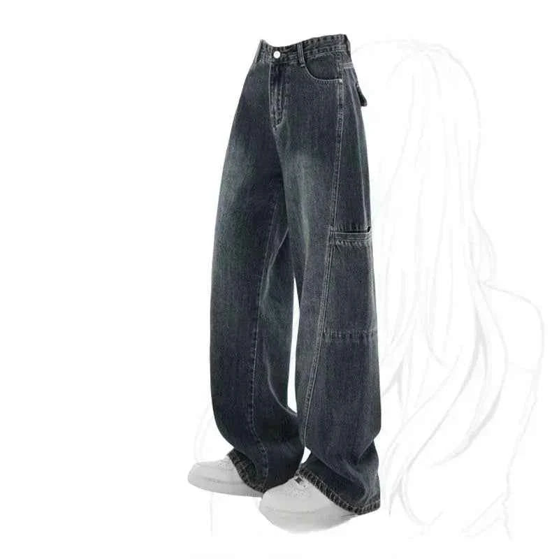 Women Vintage Washed Cargo Wide Leg Jeans