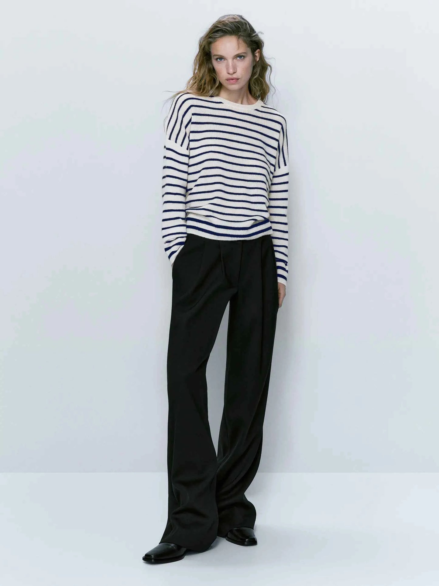 Women Retro Ethereal Stripe Crew Neck Sweater