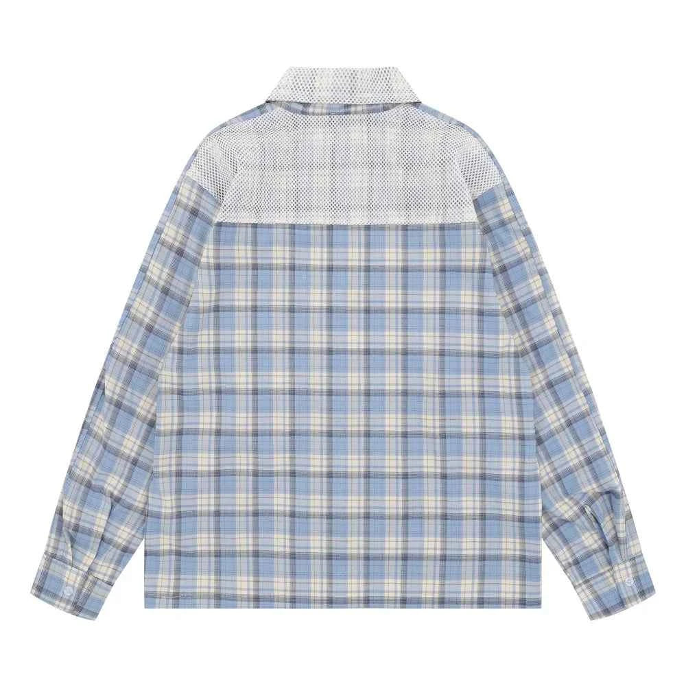 Versatile Plaid Mesh Spliced Embroidered Lapel Shirt