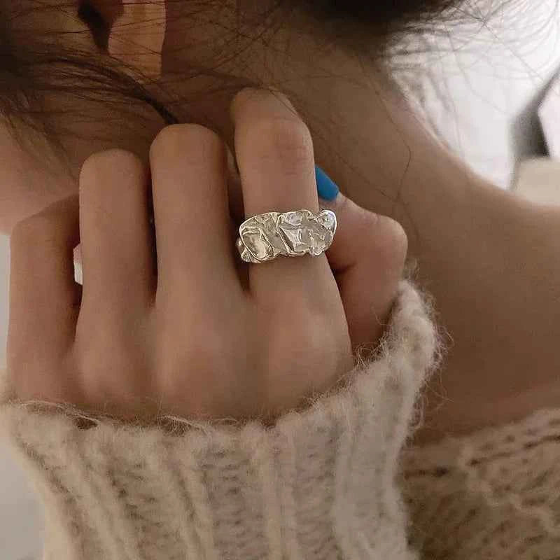 Irregular Wide Facet Silver Metal Ring