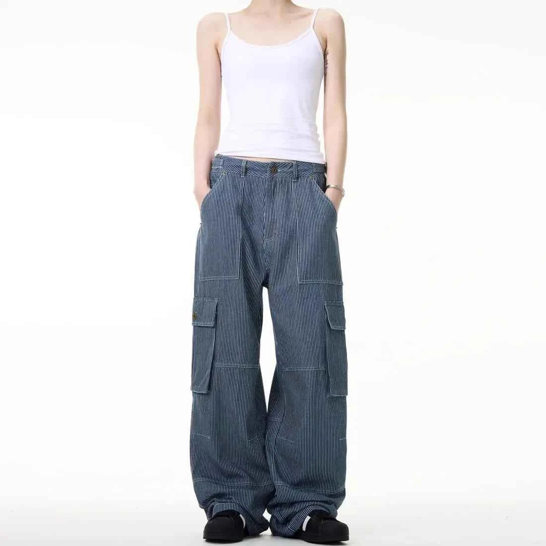 Vintage American Style Striped Cargo Jeans
