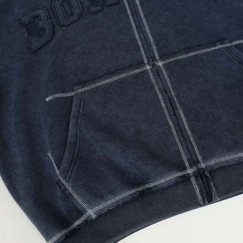 Washed Plush Embroidered Zip-Up Hooded Sweatshirt