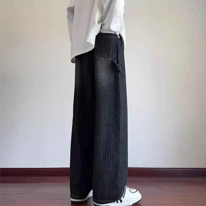 Vintage Distressed Blue Drawstring Straight Jeans