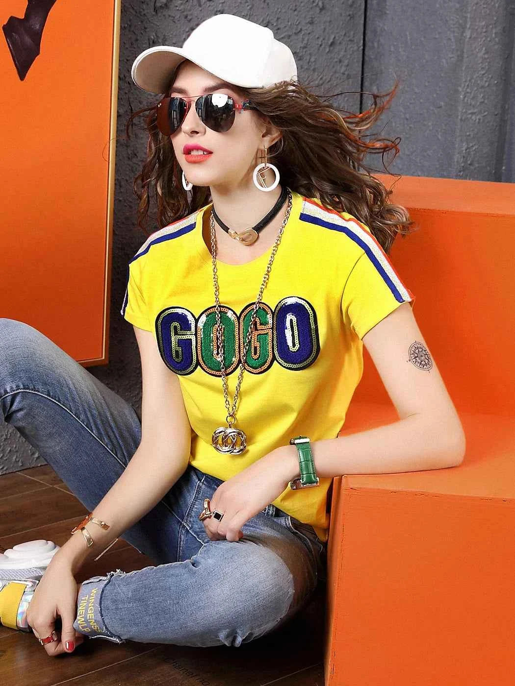Yellow Lightweight Sequin Letter Short Sleeve T-Shirt
