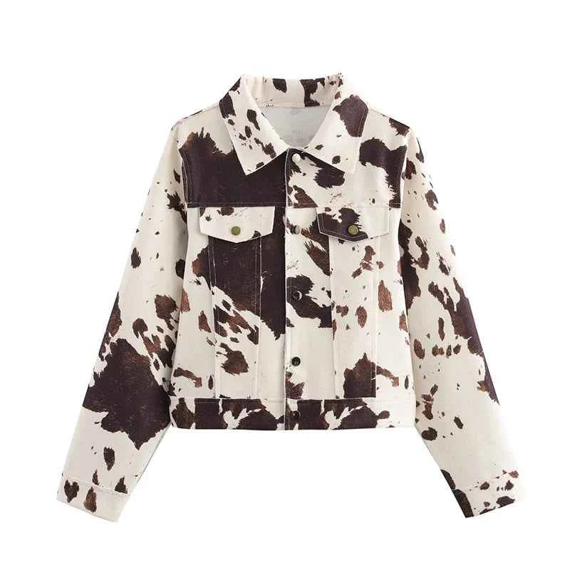 Vintage Printted Cow Long Sleeve Button Jacket