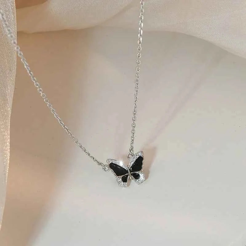 Elegant Silver Black Butterfly Necklace