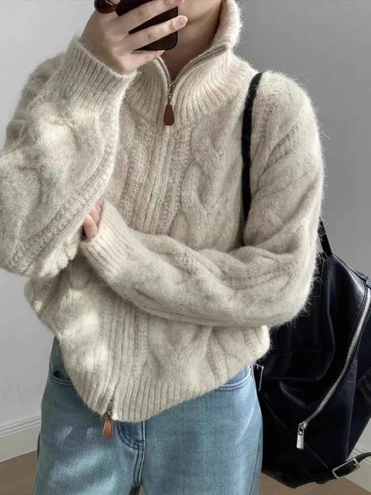 Soft Waxy High Neck Zipper Sweater