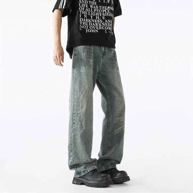 Vintage Streetwear Scratched Blue Ripped Jeans