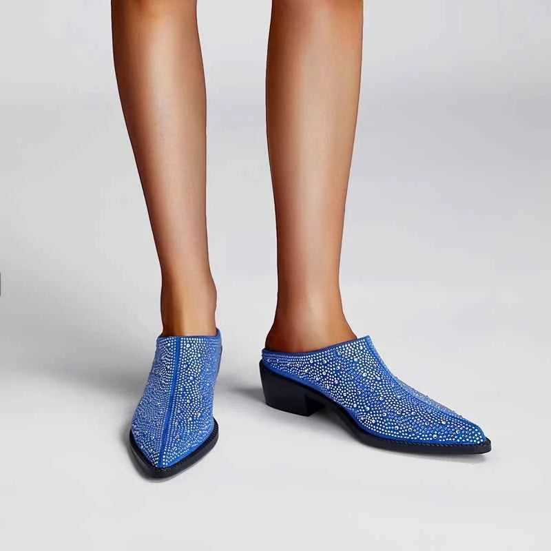 LUW Crystal Pointed Mules - Luxury Rhinestone Baotou Thick-Heel Pumps