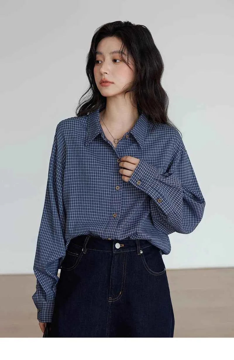 Oversize Vintage Plaid Japanes Style Blouse Shirt