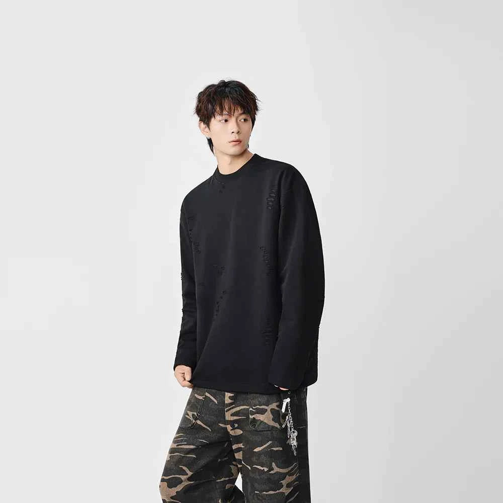 Distressed Solid Color Crew Neck Long Sleeve T-Shirt